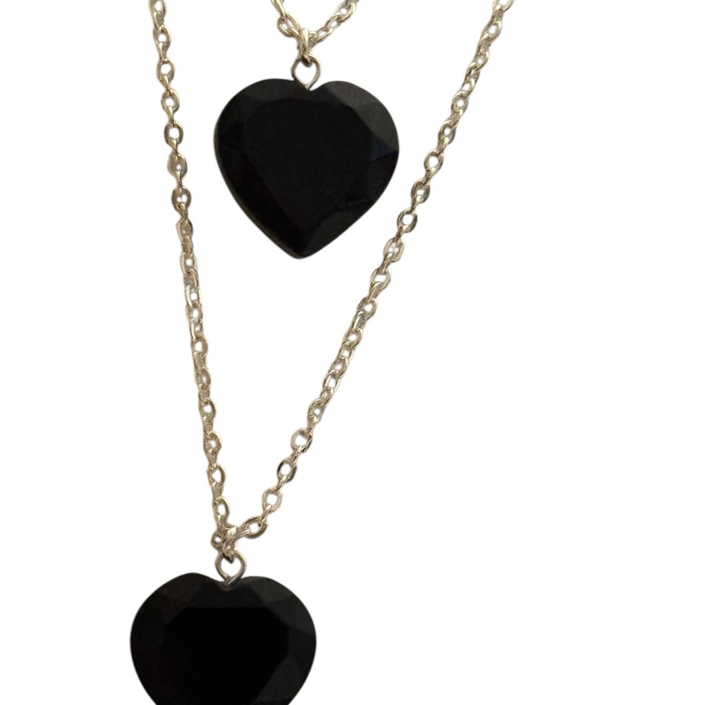 J. Jill Elegant Double Silver Plated Chain Black Crystal Heart Pendant Necklace - Picture 2 of 4